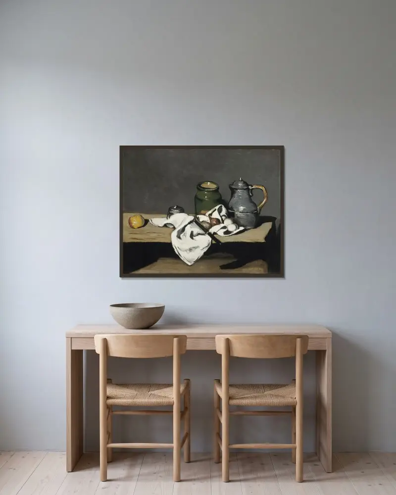 Still life with kettle av Paul Cézanne inramad på en vägg