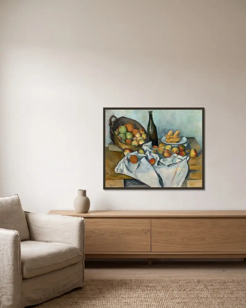 Korgen med äpplen av Paul Cézanne inramad på en vägg