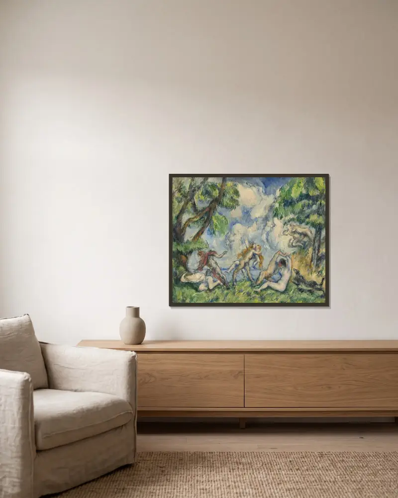 Kärlekens strid av Paul Cézanne inramad på en vägg