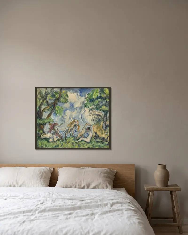 Kärlekens strid av Paul Cézanne inramad på en vägg