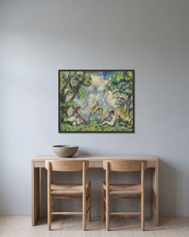 Kärlekens strid av Paul Cézanne inramad på en vägg
