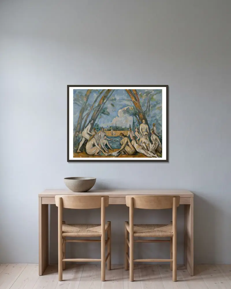 The Large Bathers av Paul Cézanne inramad på en vägg