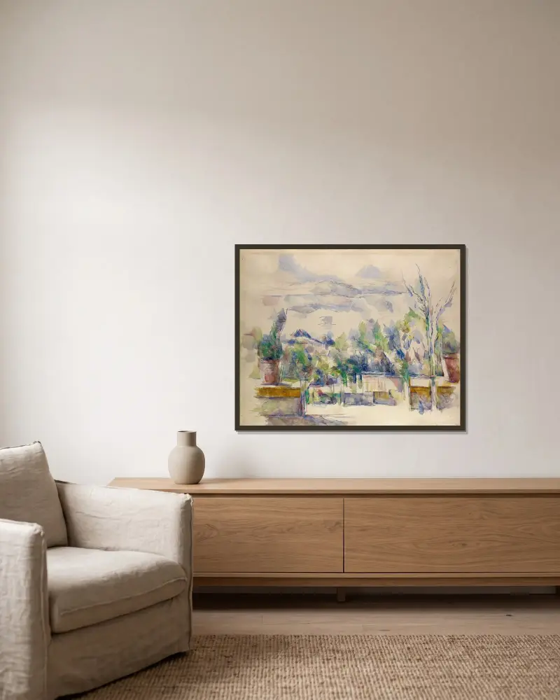 Terrassen vid trädgården i Les Lauves av Paul Cézanne inramad på en vägg