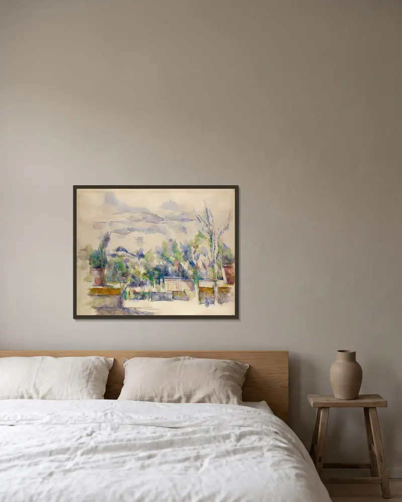 Terrassen vid trädgården i Les Lauves av Paul Cézanne inramad på en vägg