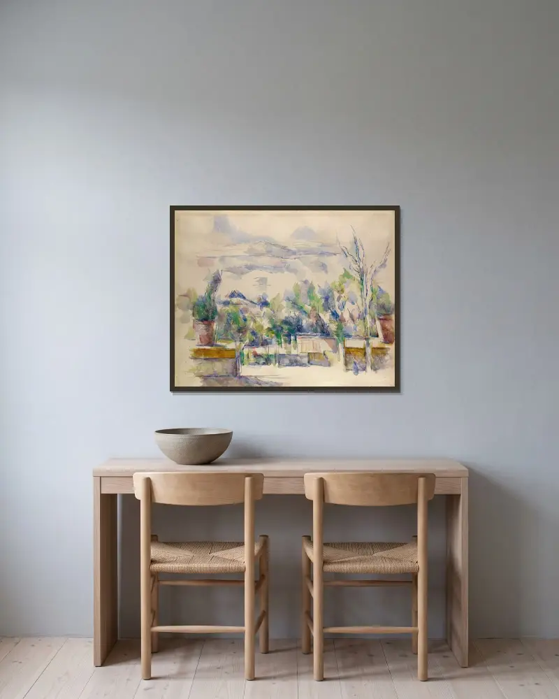 Terrassen vid trädgården i Les Lauves av Paul Cézanne inramad på en vägg