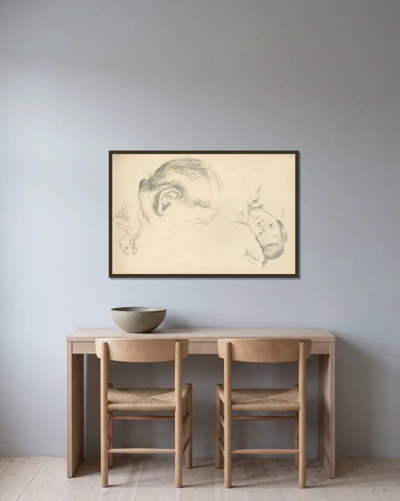 Drei Köpfe, einer davon Madame Cézanne von Paul Cézanne gerahmt an einer Wand