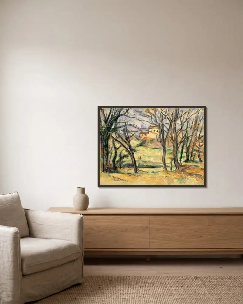 Bäume und Häuser bei Jas de Bouffan von Paul Cézanne gerahmt an einer Wand