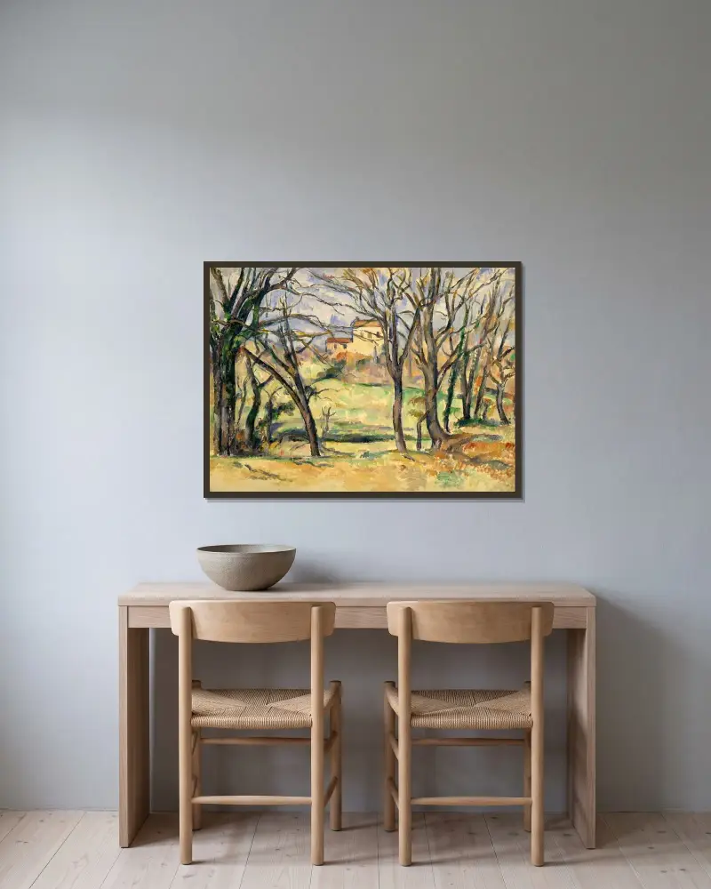 Bäume und Häuser bei Jas de Bouffan von Paul Cézanne gerahmt an einer Wand