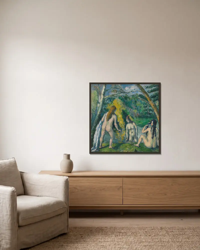 Trois baigneuses av Paul Cézanne inramad på en vägg