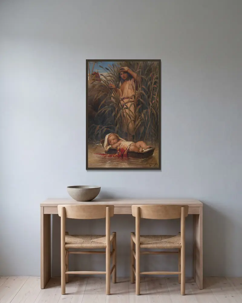 Moses i vasskistan av Paul Delaroche inramad på en vägg