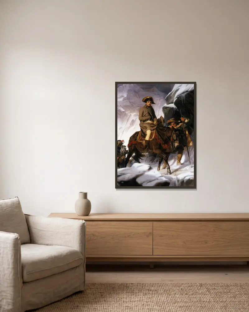 Napoleon Crossing the Alps av Paul Delaroche inramad på en vägg