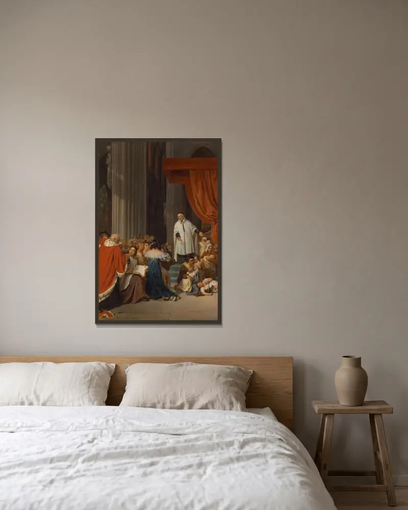 Sankt Vincent de Paul predikar inför Ludvig XIII:s hov för de övergivna barnen av Paul Delaroche inramad på en vägg