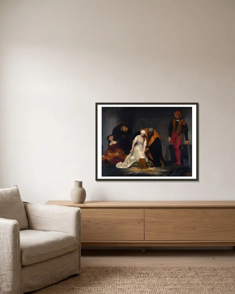 The execution of Lady Jane Grey in the Tower of London in the year 1554 av Paul Delaroche inramad på en vägg