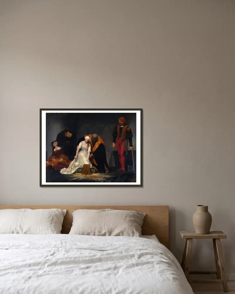 The execution of Lady Jane Grey in the Tower of London in the year 1554 av Paul Delaroche inramad på en vägg