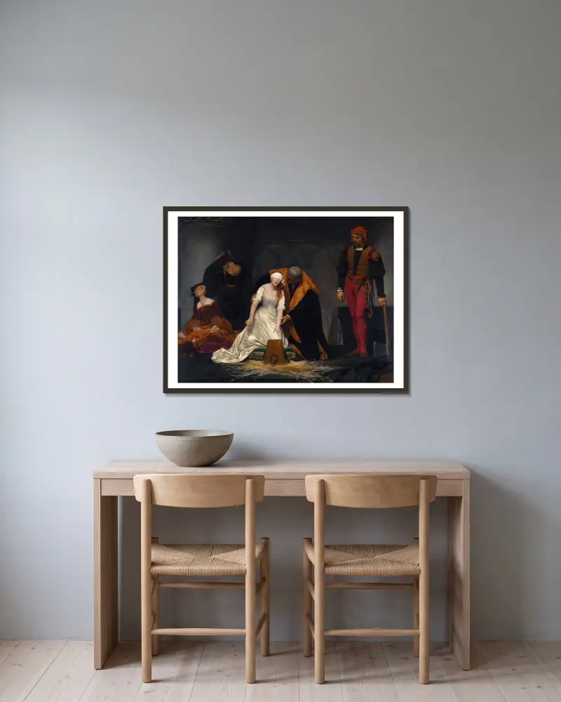 The execution of Lady Jane Grey in the Tower of London in the year 1554 av Paul Delaroche inramad på en vägg