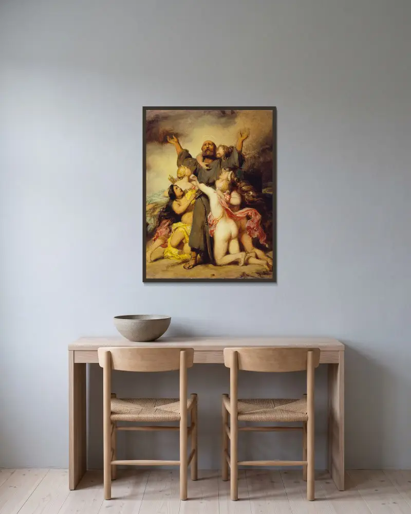 Den helige Antonius frestelse av Paul Delaroche inramad på en vägg