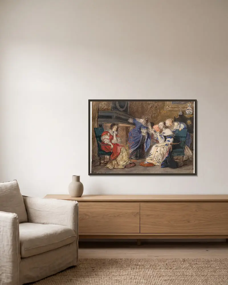 Kvinnor i en interiör av Paul Delaroche inramad på en vägg