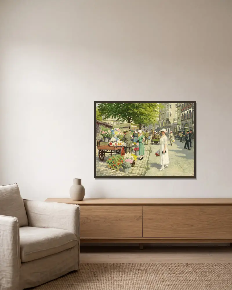 Damer som köper blommor på Amagertorv av Paul Fischer inramad på en vägg