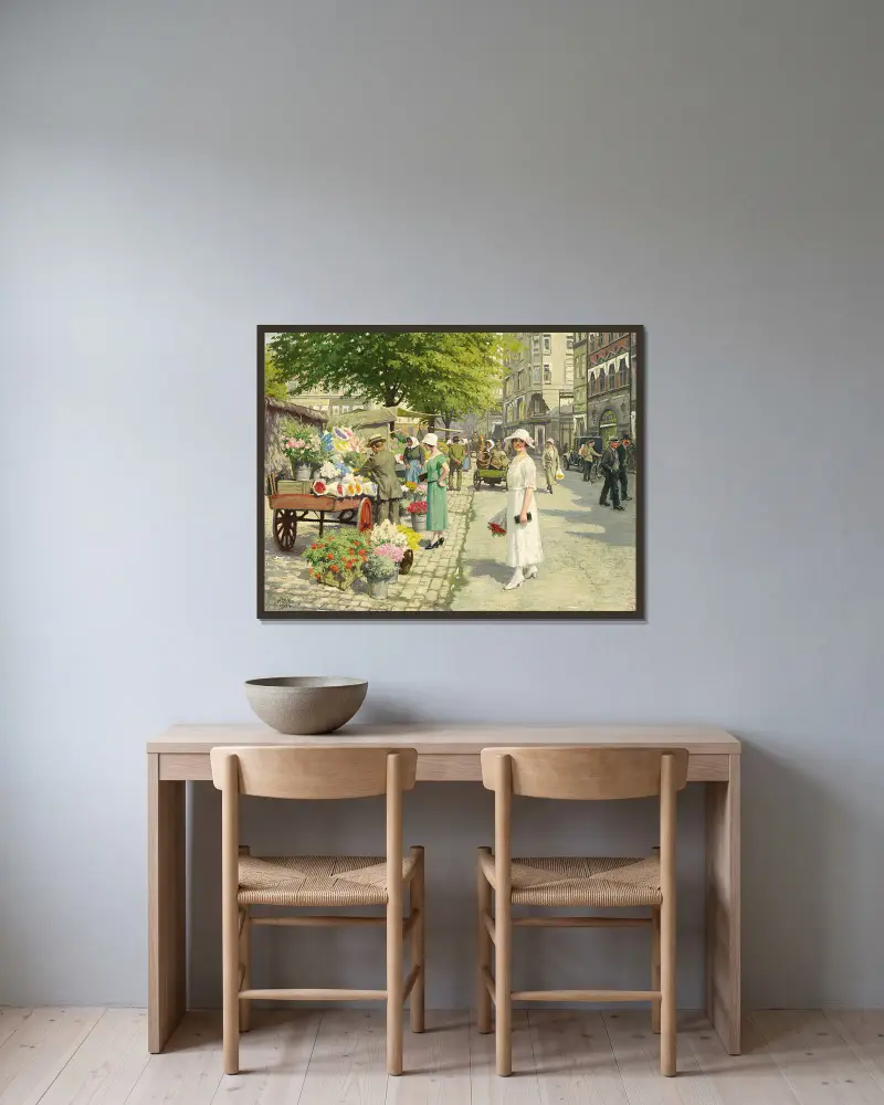 Damer som köper blommor på Amagertorv av Paul Fischer inramad på en vägg