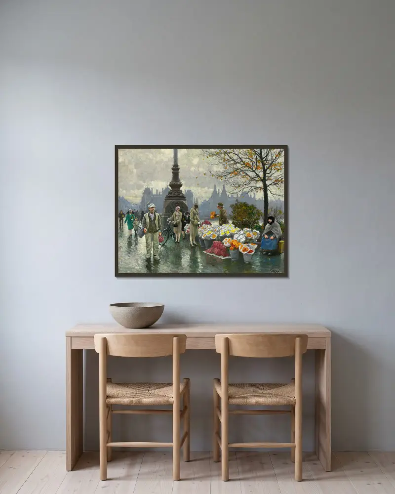 Blomsterförsäljare vid Drottning Louises bro i Köpenhamn av Paul Fischer inramad på en vägg