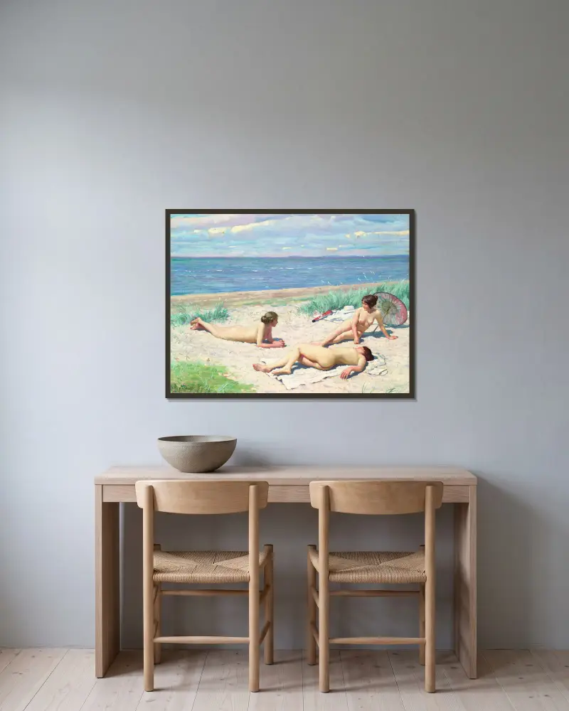 Flickor på stranden av Paul Fischer inramad på en vägg