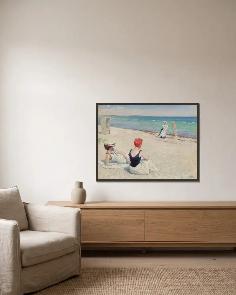 På stranden, Falsterbo av Paul Fischer inramad på en vägg