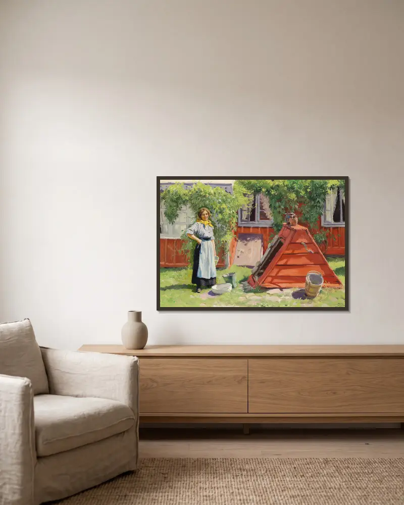 Flicka vid en brunn utanför ett rödmålat svenskt trähus av Paul Fischer inramad på en vägg