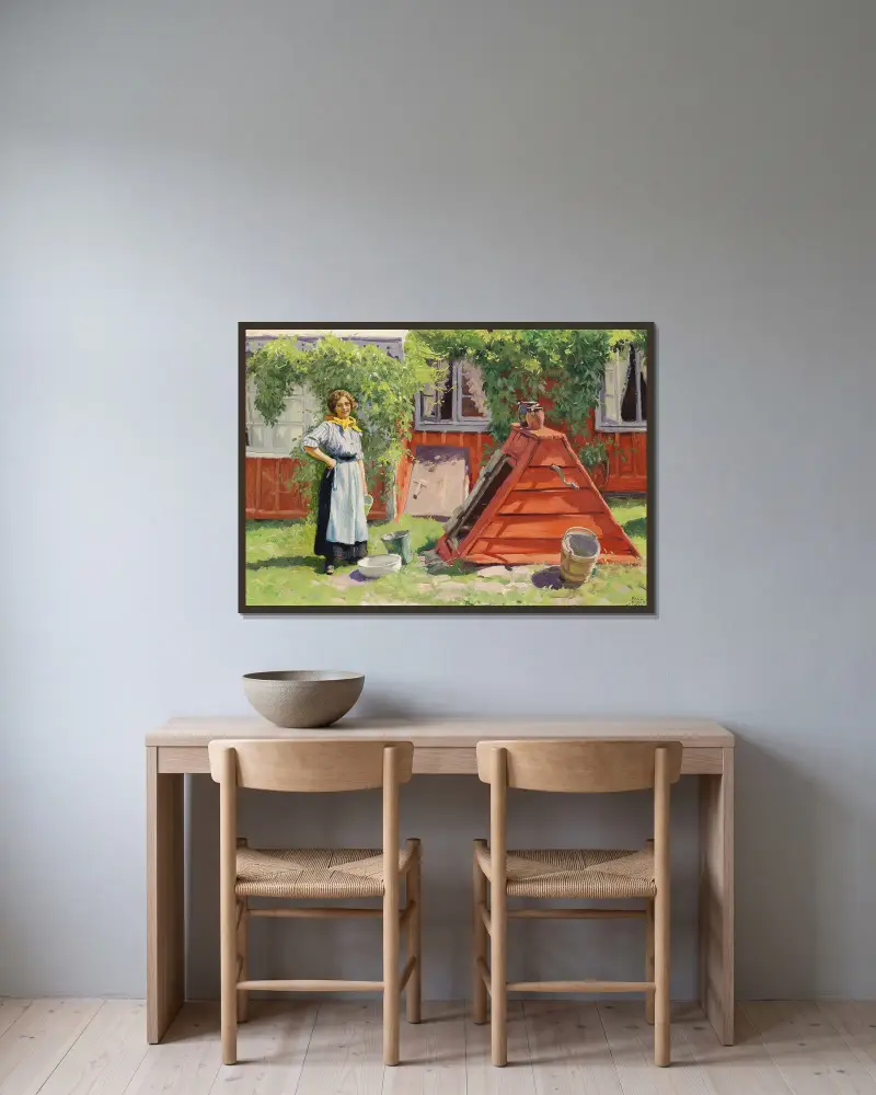 Flicka vid en brunn utanför ett rödmålat svenskt trähus av Paul Fischer inramad på en vägg