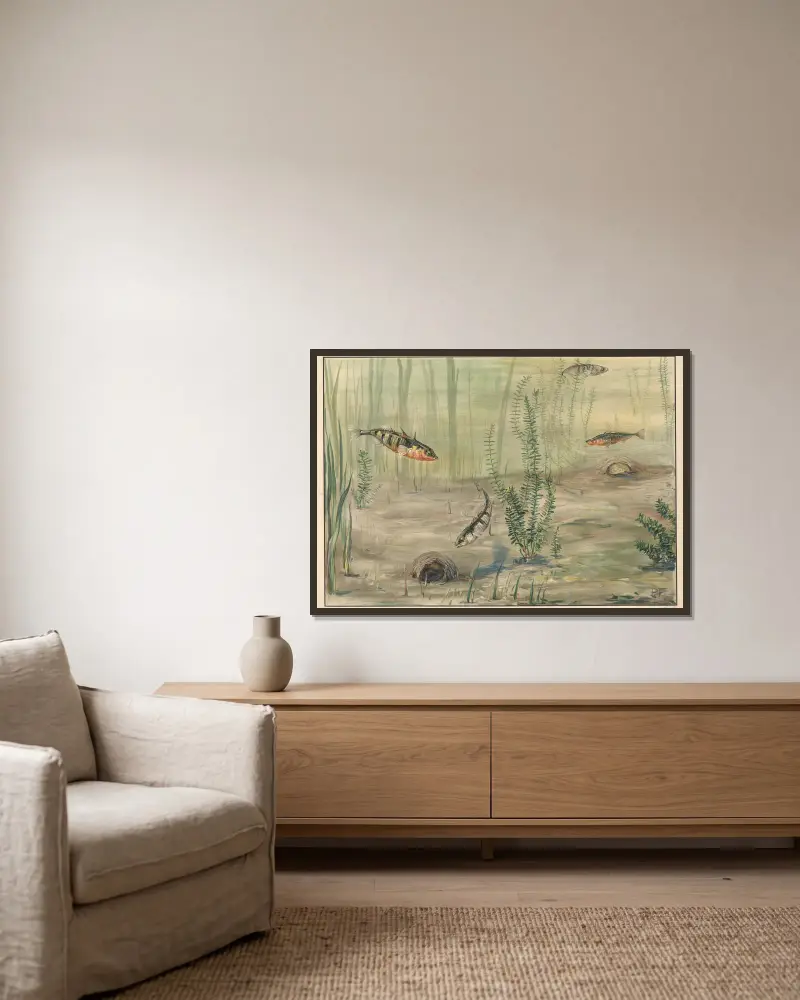 Dreistachliger Stichling von Paul Flanderky gerahmt an einer Wand