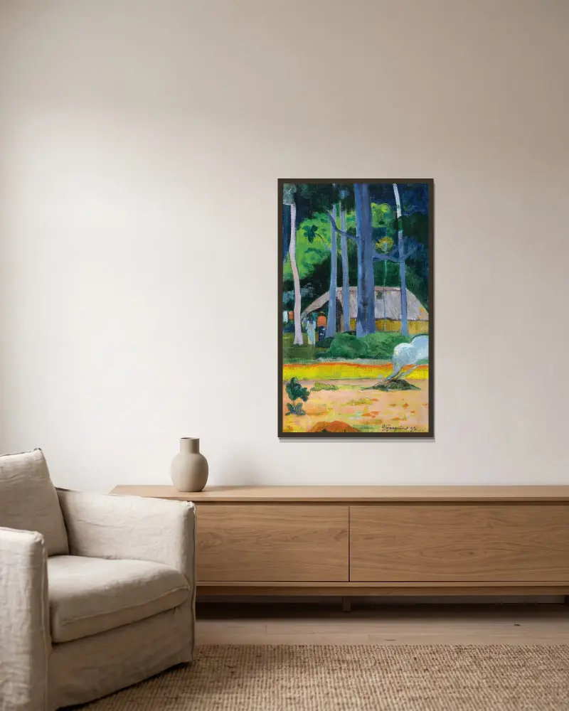 Hütte unter Bäumen von Paul Gauguin gerahmt an einer Wand