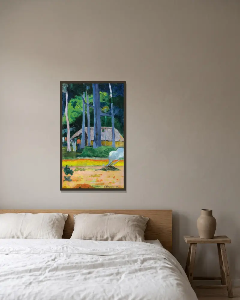 Hütte unter Bäumen von Paul Gauguin gerahmt an einer Wand