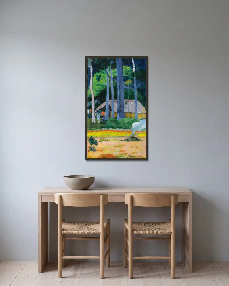 Hütte unter Bäumen von Paul Gauguin gerahmt an einer Wand