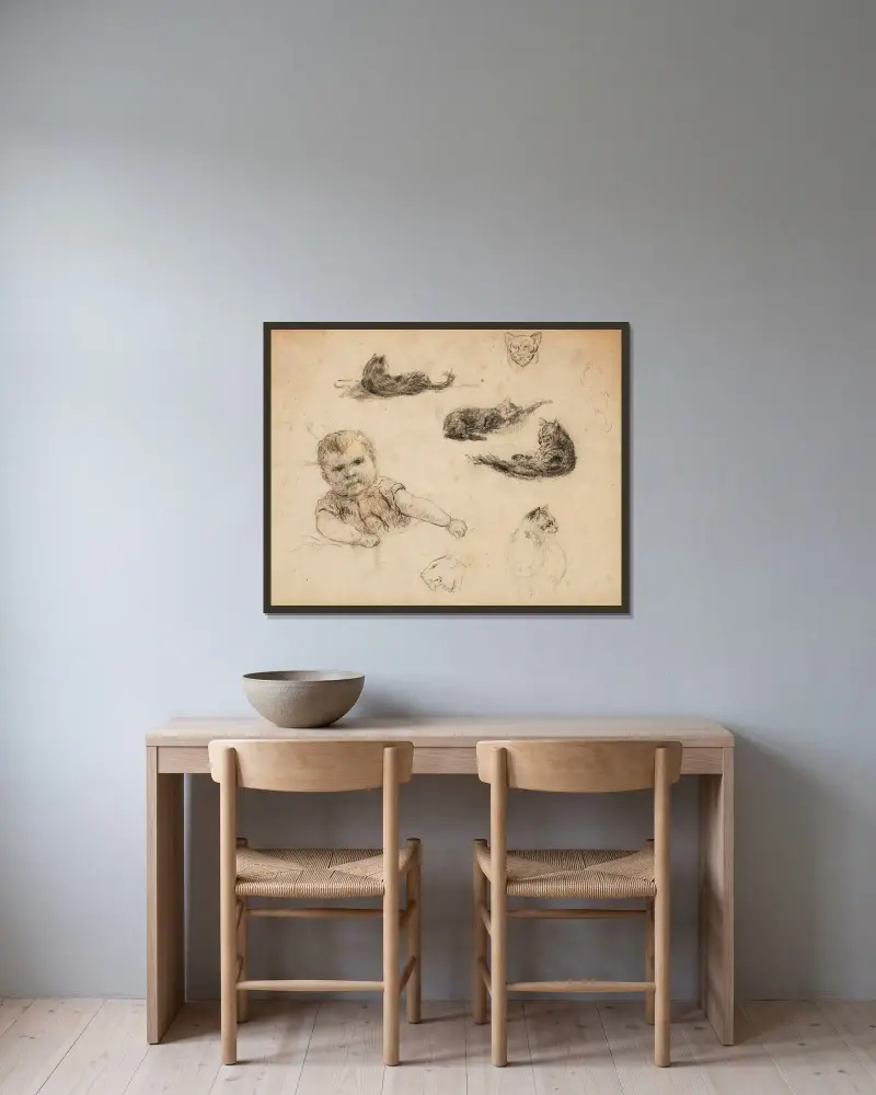 Studier av katter och ett barn av Paul Gauguin inramad på en vägg