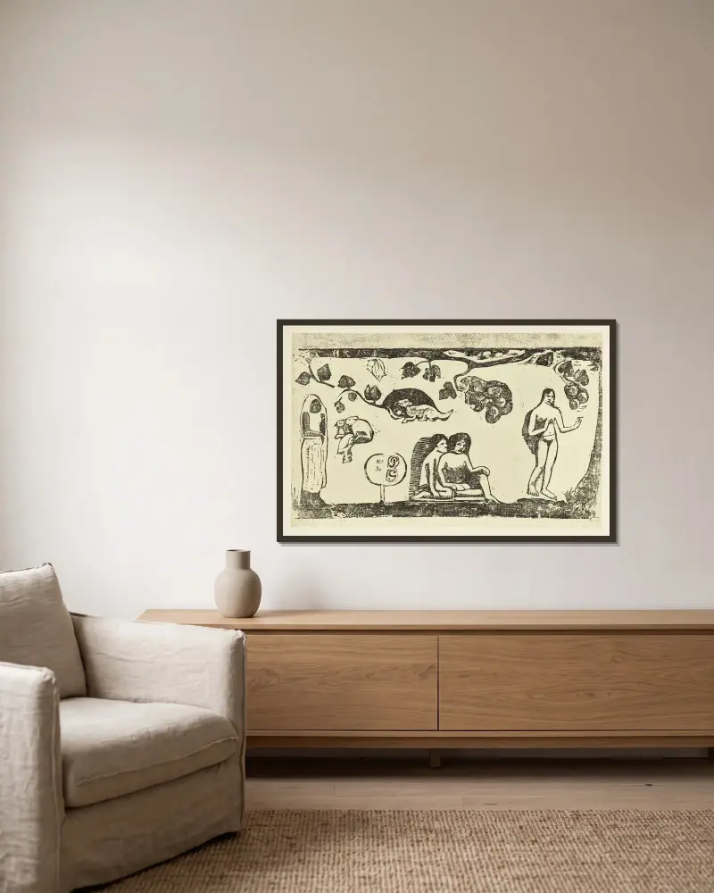 Kvinnor, djur och lövverk av Paul Gauguin inramad på en vägg