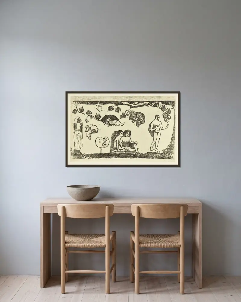 Kvinnor, djur och lövverk av Paul Gauguin inramad på en vägg