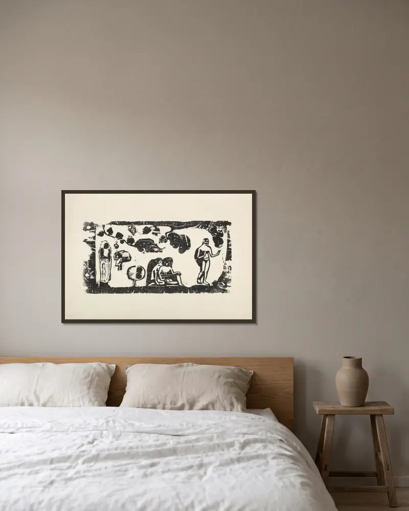 Kvinnor, djur och lövverk av Paul Gauguin inramad på en vägg