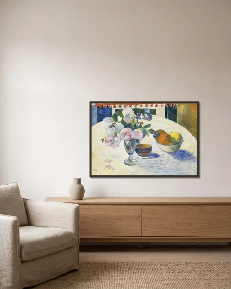 Blommor och en fruktskål på ett bord av Paul Gauguin inramad på en vägg