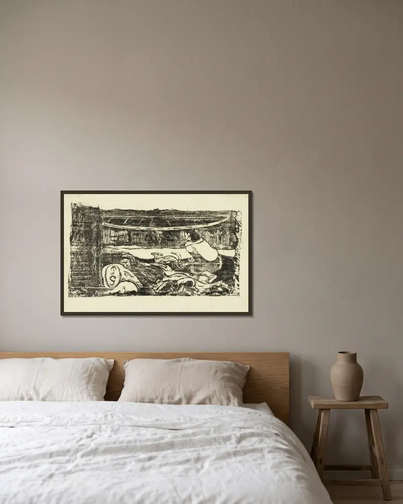 Interiér chýše, Paul Gauguin v rámu na stěně