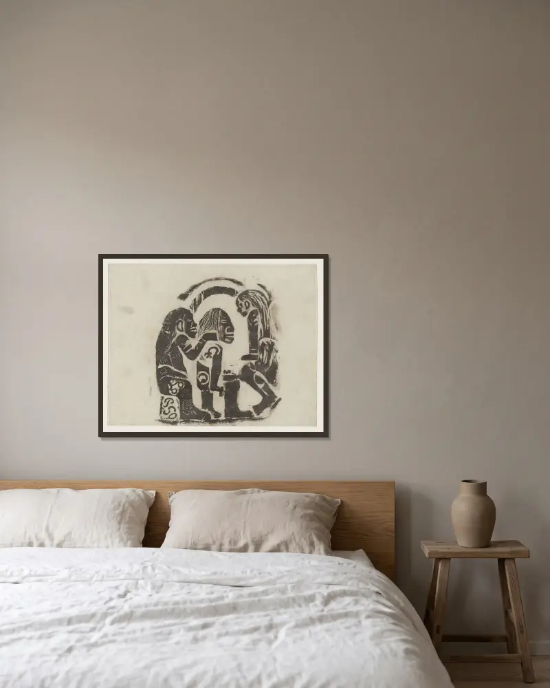 Der Götze mit der Perle von Paul Gauguin gerahmt an einer Wand