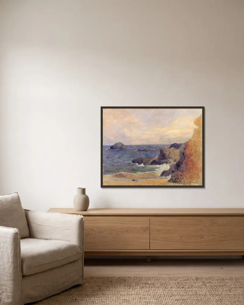 Die felsige Küste, oder Felsen am Meer von Paul Gauguin gerahmt an einer Wand