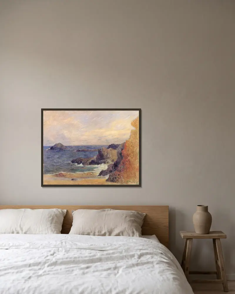 Die felsige Küste, oder Felsen am Meer von Paul Gauguin gerahmt an einer Wand