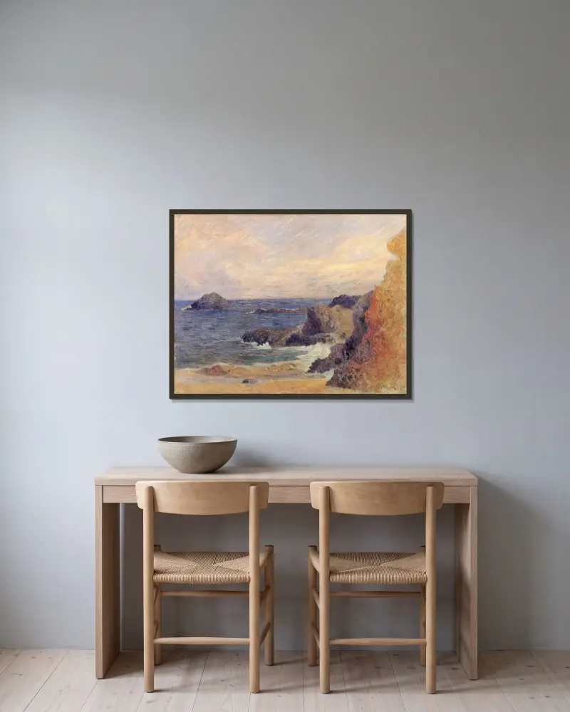 Die felsige Küste, oder Felsen am Meer von Paul Gauguin gerahmt an einer Wand