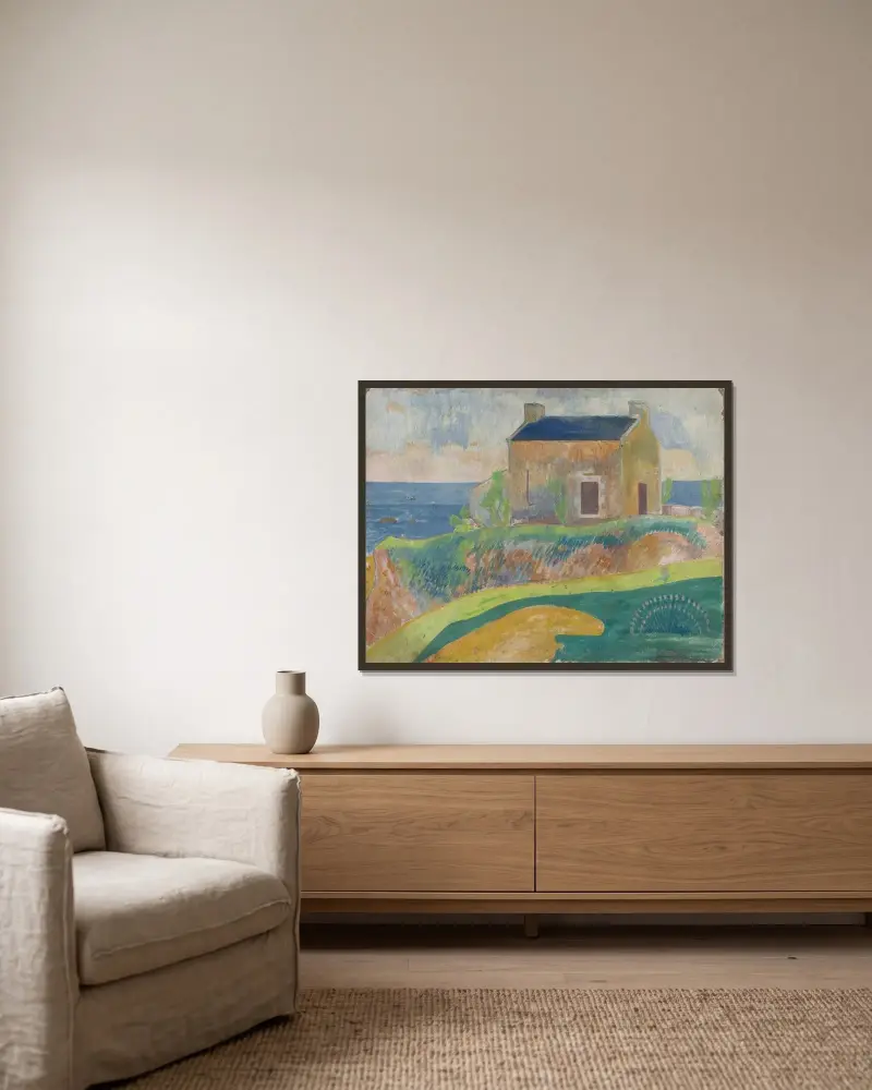 La Maison Du Pendu av Paul Gauguin inramad på en vägg