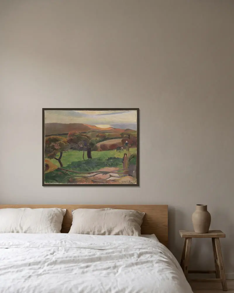 Landschaft aus der Bretagne von Paul Gauguin gerahmt an einer Wand
