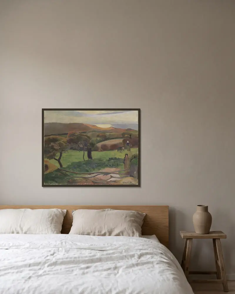Fält vid havet av Paul Gauguin inramad på en vägg