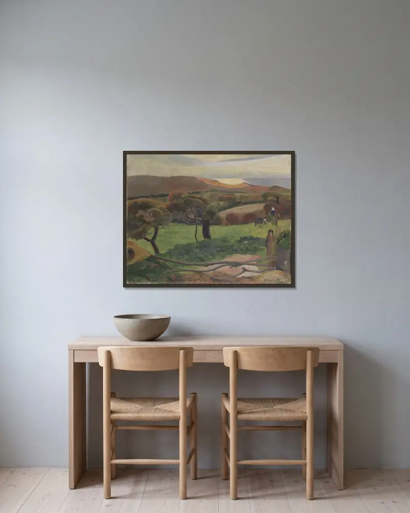 Fält vid havet av Paul Gauguin inramad på en vägg
