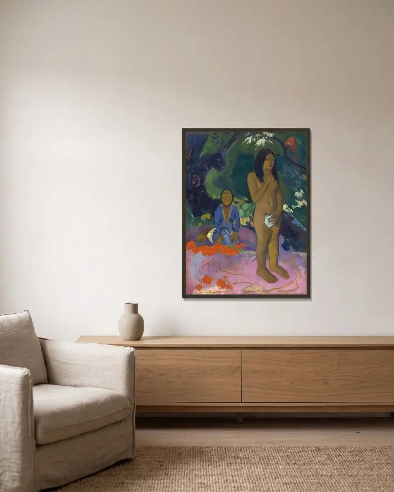 Parau na te Varua ino (Djävulens ord) av Paul Gauguin inramad på en vägg