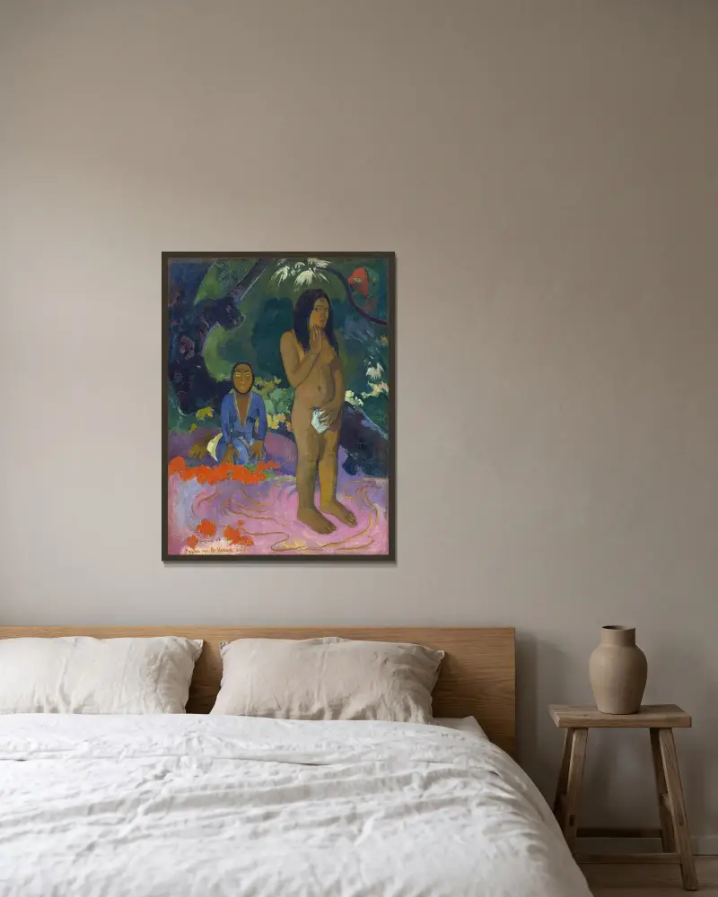 Parau na te Varua ino (Djävulens ord) av Paul Gauguin inramad på en vägg