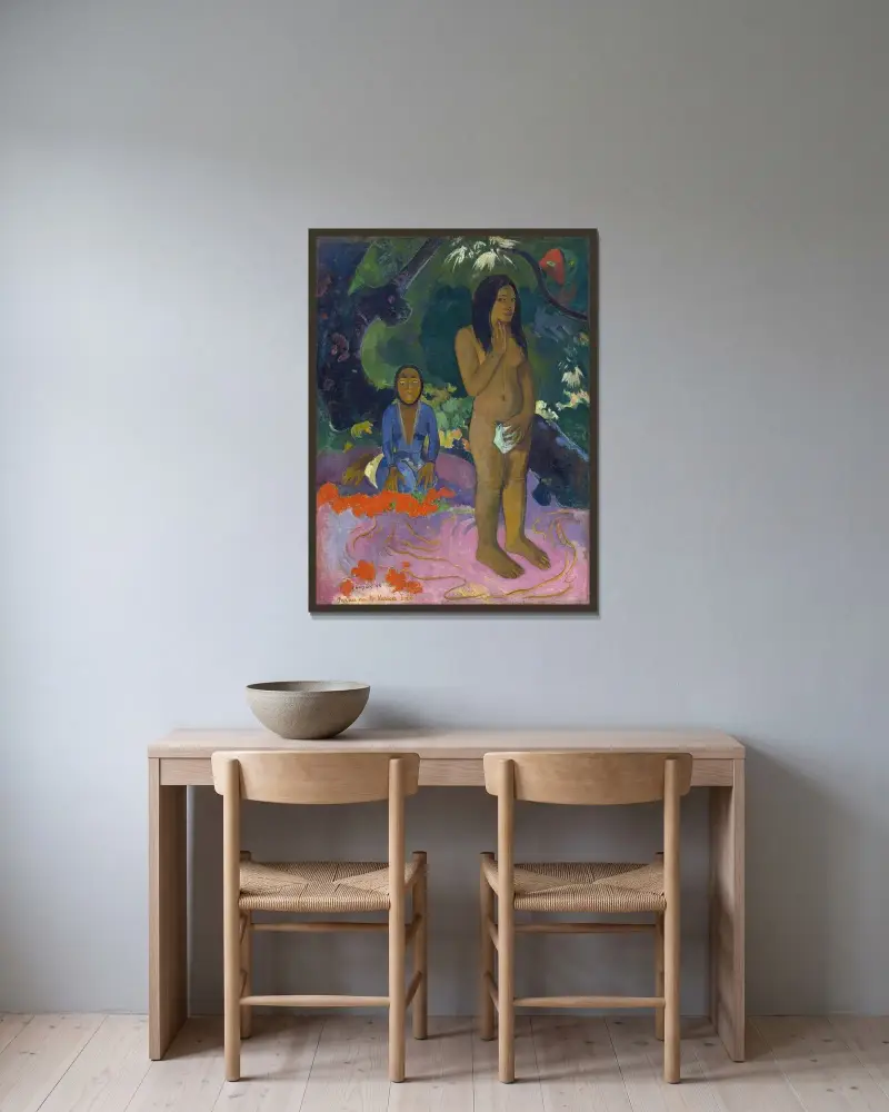 Parau na te Varua ino (Djävulens ord) av Paul Gauguin inramad på en vägg