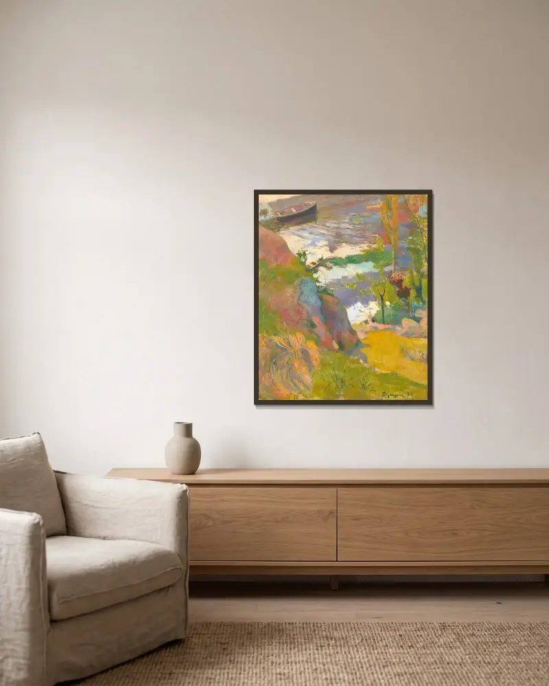 Fischer und Badende an der Aven von Paul Gauguin gerahmt an einer Wand
